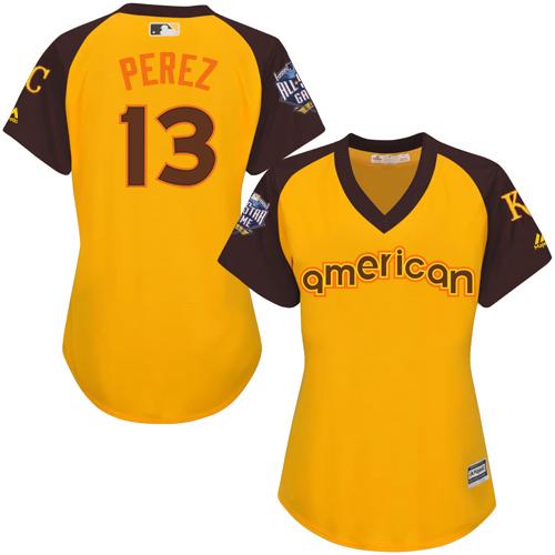 Royals #13 Salvador Perez Gold 2016 All-Star American League Women's Stitched MLB Jersey - Click Image to Close